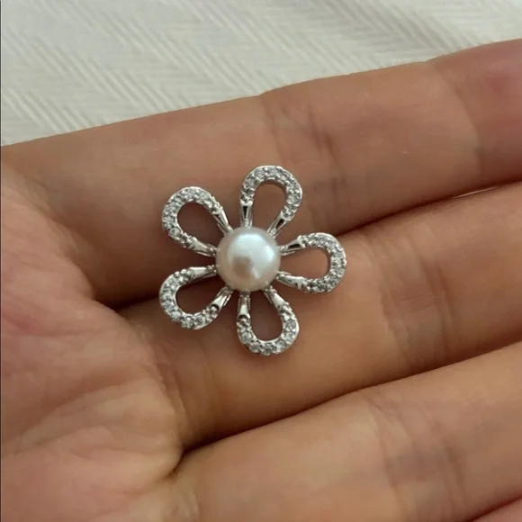 Silver Flower Pearl Earrings | Sterling Silver Posts | Holiday Gift for Her - Picture 4 of 7